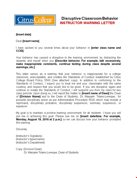 disruptive resident behavior warning letter template | instructor behavior insert template