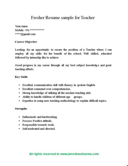 fresher teacher resume sample - internship | school teacher teaching template