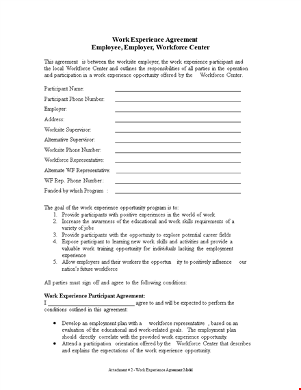 work experience agreement template template