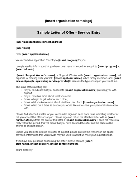 service offer letter - insert, organisation support | professionally crafted templates template