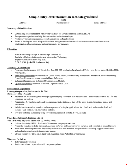 sample entry level i t resume template