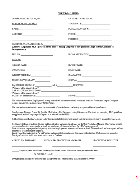 employee deal memo template for rentals | producer agreement template