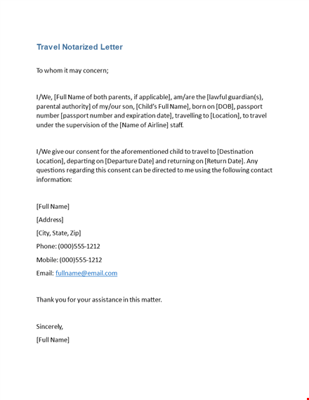 notarized letter template for travel with child template