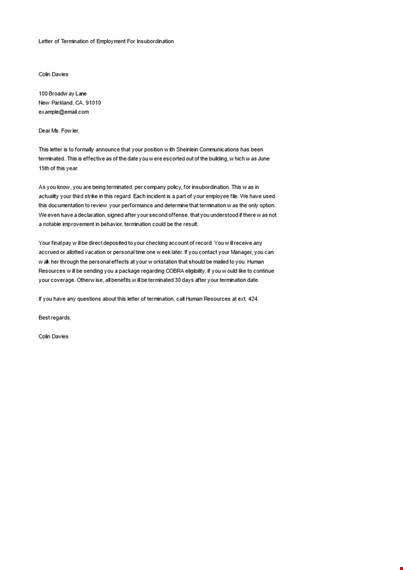 letter of termination of employment for insubordination template