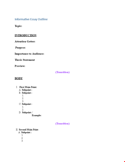 essay outline template - organize your thoughts with statement, points, transitions, and subpoints template