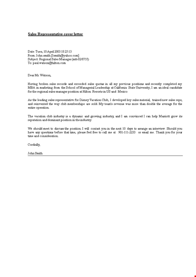 sales representative cover letter template