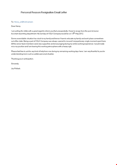 personal reason resignation email letter template