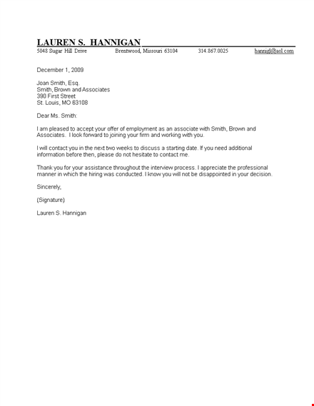 accepting the job offer from brown, smith, & associates - lauren's letter template