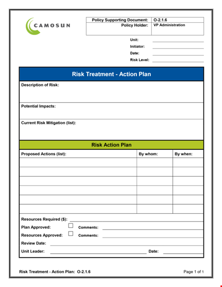 risk treatment action plan template template