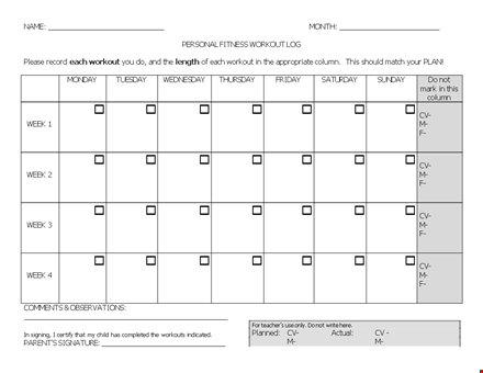 fitness workout log template template