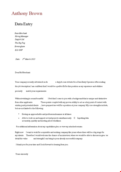 application for data entry operator position | company name | cover letter template