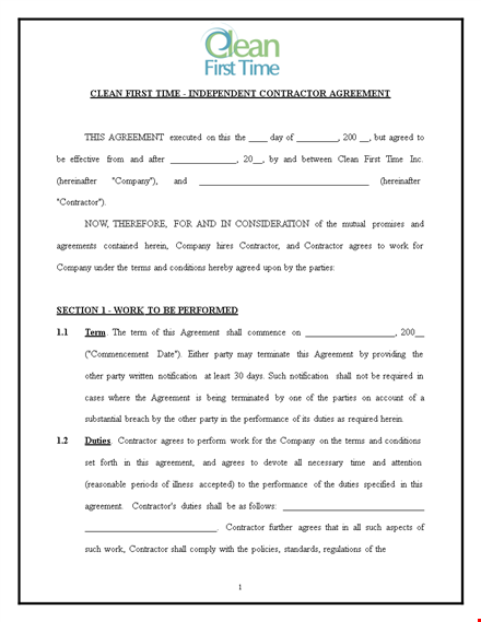 independent cleaning contract agreement free doc template template