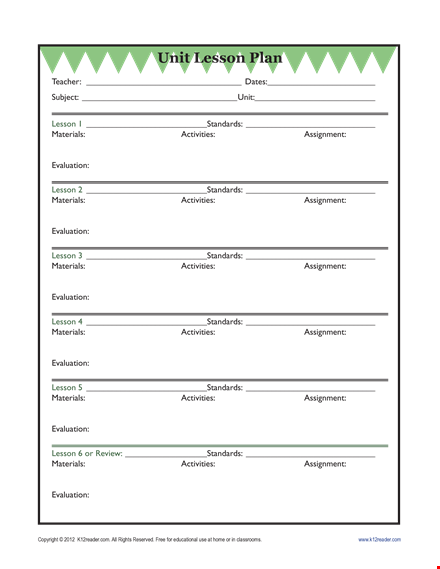 unit plan template - materials, activities, lessons, assignments, standards template