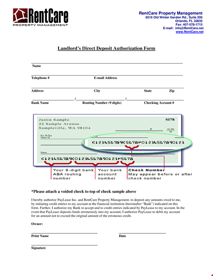 landlord direct deposit form template template