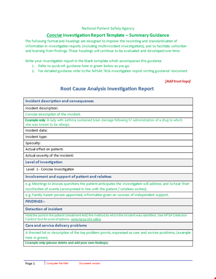 root cause analysis template - actionable findings for patient incident investigation template