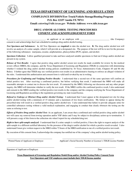 drug test consent acknowledgement form template