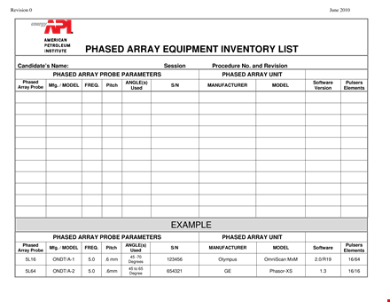 simple equipment inventory list template | model, revision, phased array probe template