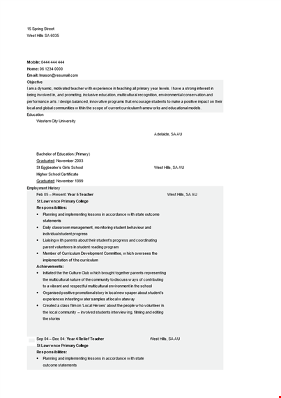 primary teacher resume format in word template