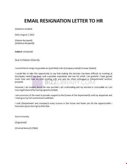 email resignation letter to hr template