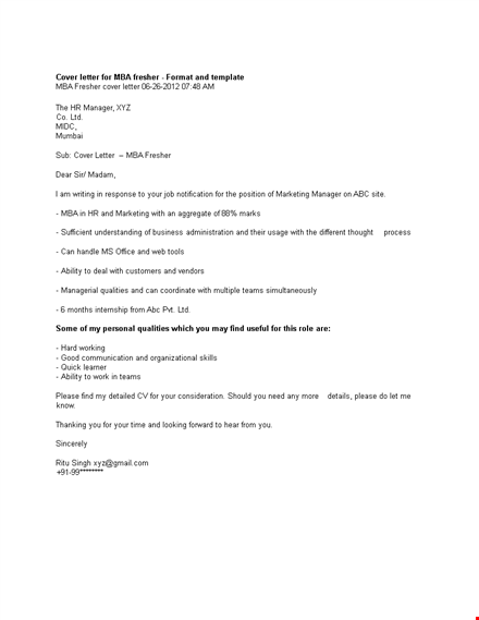 mba fresher cover letter guide template