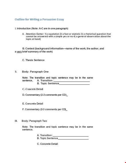 efficient essay writing: outline template with topic, transition, sentence, and concrete examples. template