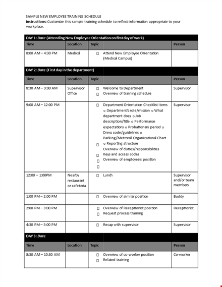 employee agenda schedule: training, supervisor, overview template