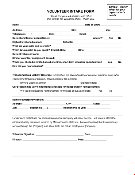 volunteer intake form template template