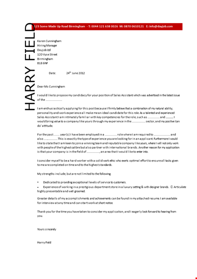 sales assistant cover letter example template