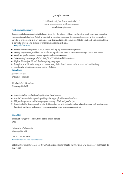 java developer fresher resume template