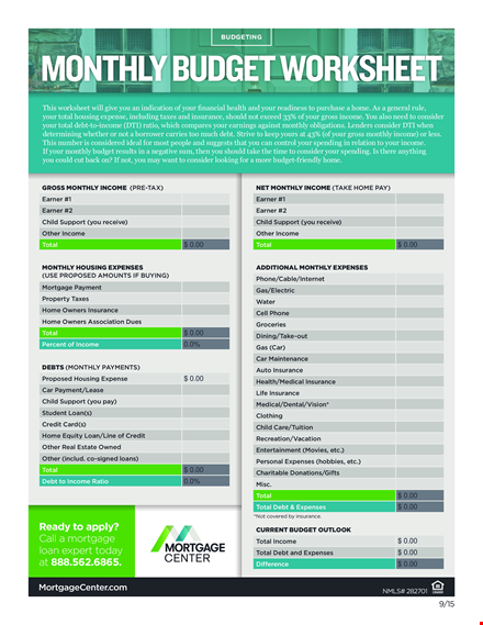 home monthly budget worksheet template