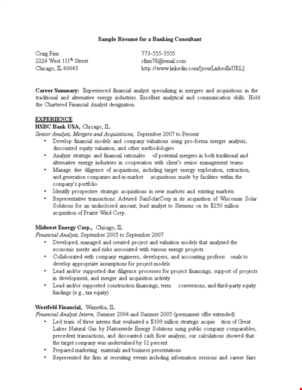 sample banking consultant resume template