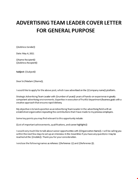 advertising team leader cover letter  template