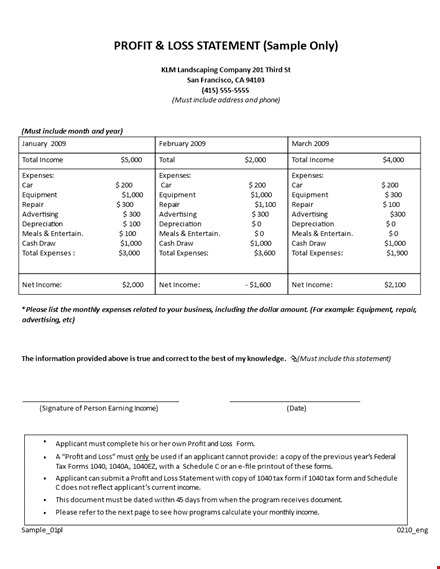 monthly profit and loss statement form template
