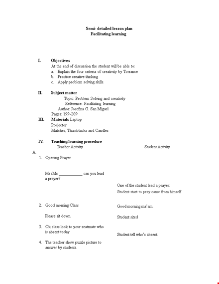semi detailed lesson plan: engaging student activities and problem solving techniques for teachers template