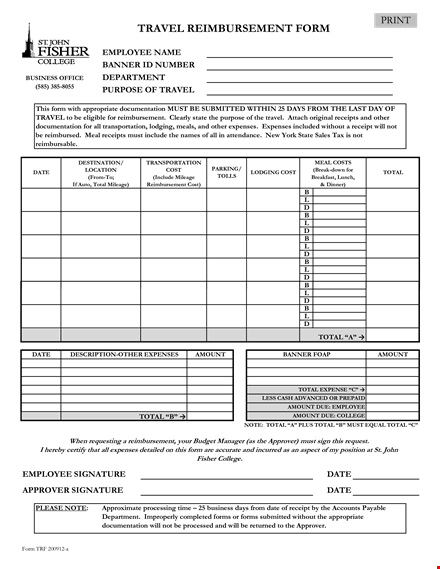 travel reimbursement form template template