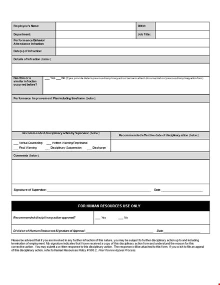 disciplinary action: employee write up form for infraction below template