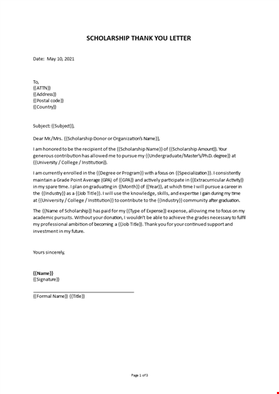 scholarship thank you letter template template