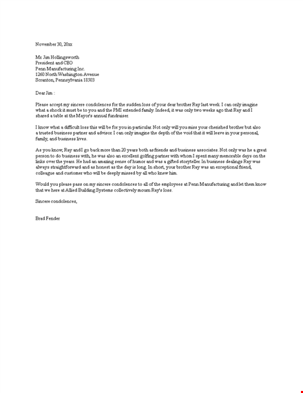 sincere business condolence letter template