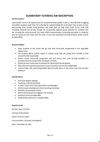 elementary tutoring job description template