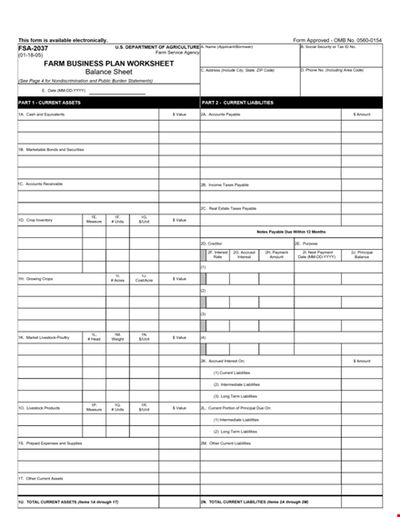 farm business plan worksheet: balancesheet and required information collection template
