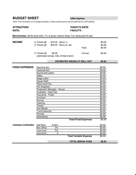 concert production budget template template