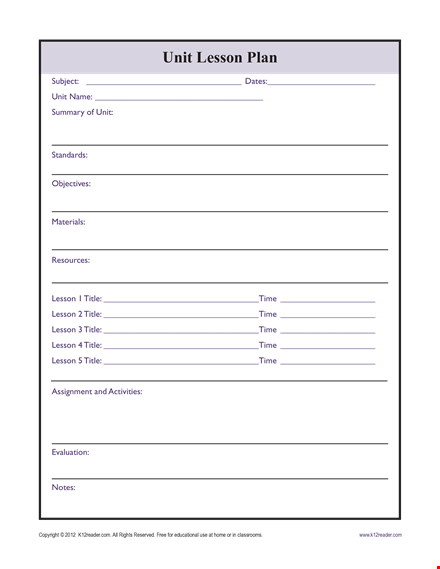 printable unit lesson plan template blank template