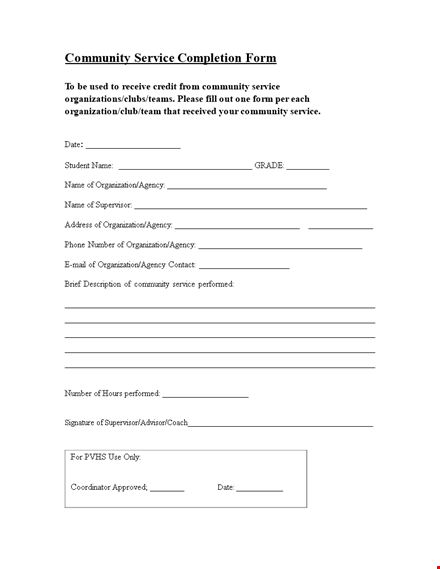 community service completion form template
