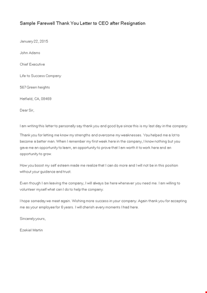 thank you letter to ceo after resignation template