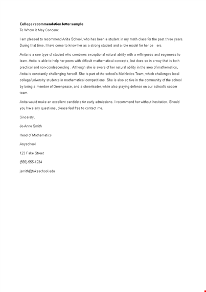 college letter of recommendation format template