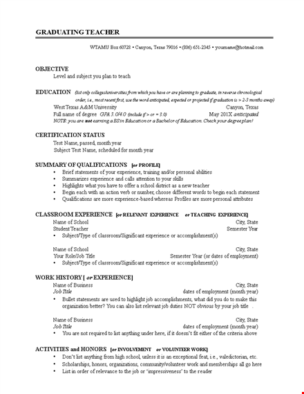 example of resume for graduate teacher template