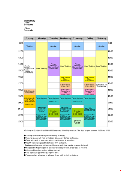 elementary class schedule template template