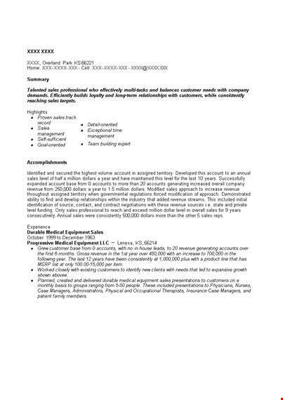 medical equipment sales resume template