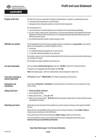 profit and loss form for small business template