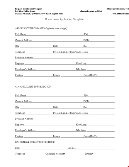 house lease application template template